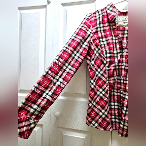 Guess LA 1981 Women's Red Plaid Western Pearl Snap Buttons Cotton Shirt Size L. - Picture 3 of 8